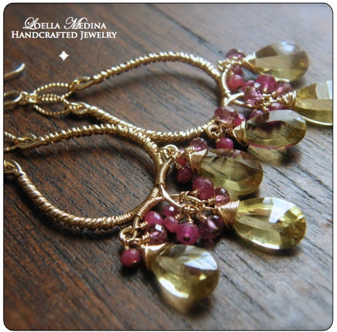Pink Sapphires  Yellow Quartz Gold Filled Limited Edition Earrings