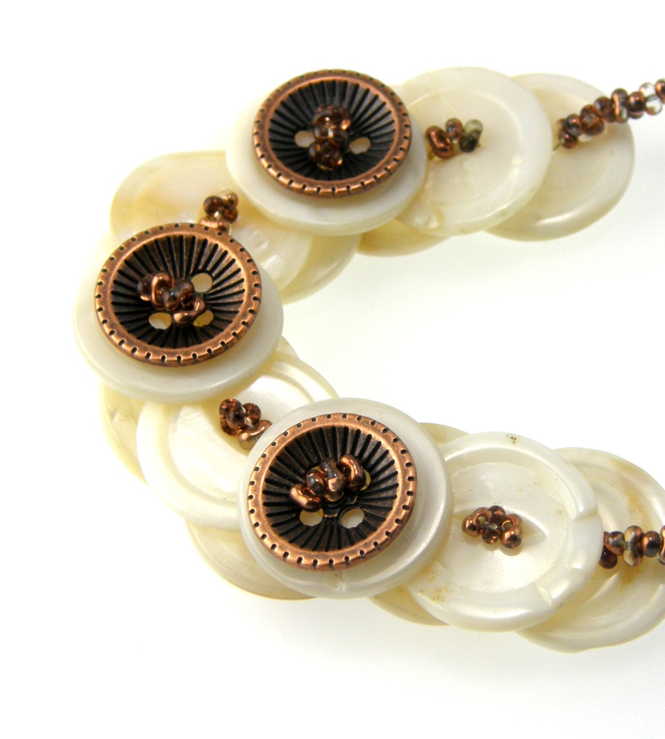 Mother of Pearl Layered Button Necklace Copper Metal Buttons