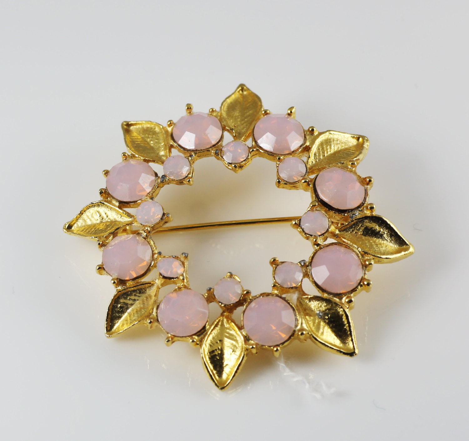 Gilt Wreath Vintage Brooch, Pastel Pink