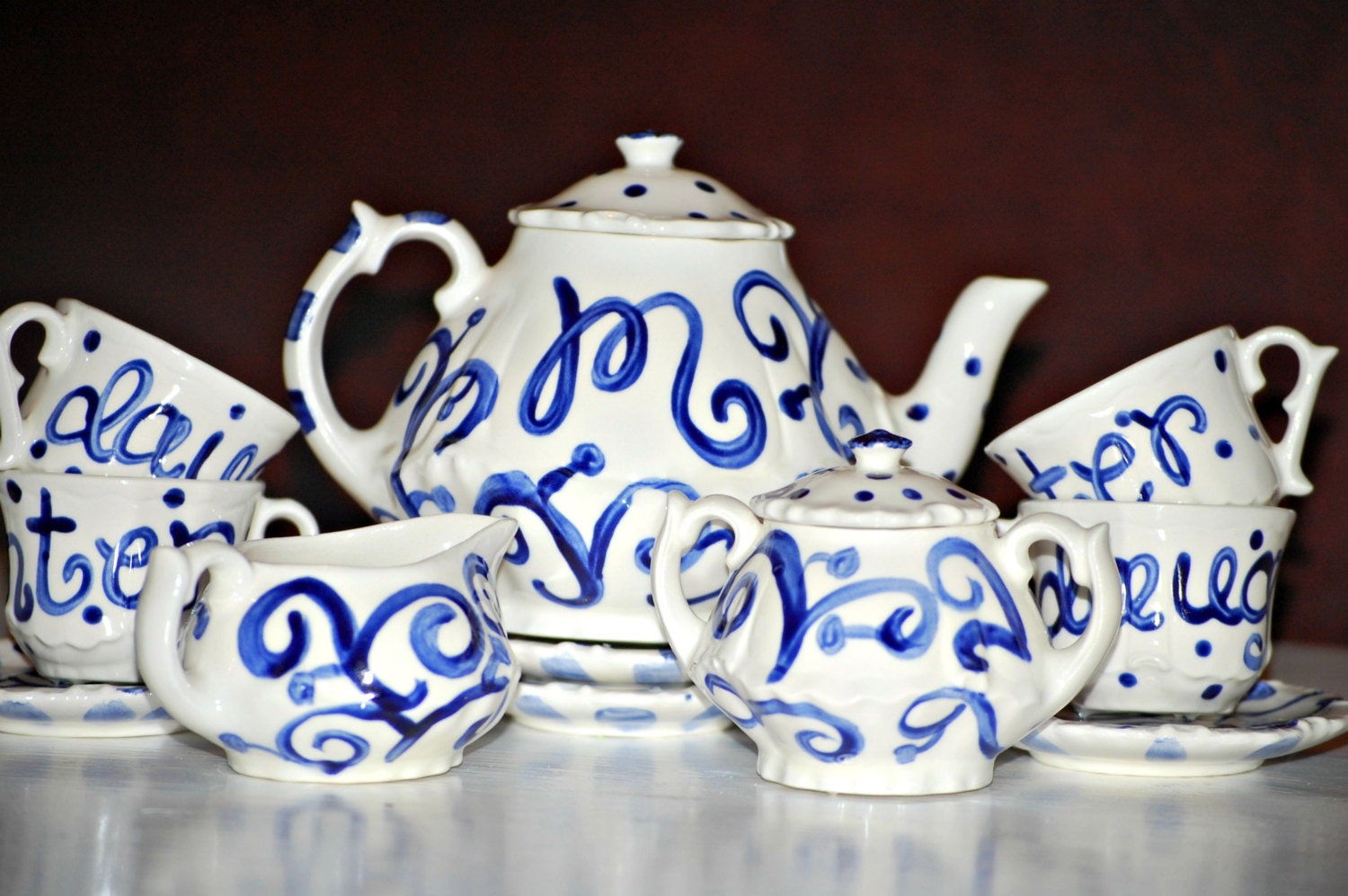 Blue and White Damask Swirls Personalized Handpainted Little Girl's Tea Set Il_570xn