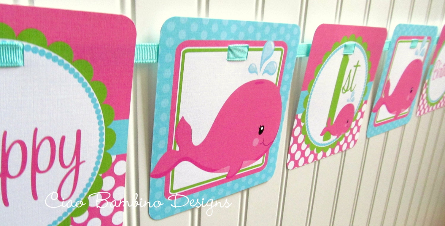 NEW - Whale of a Party - Happy Birthday Banner for Girls - Hot Pink, Lime Green and Turquoise