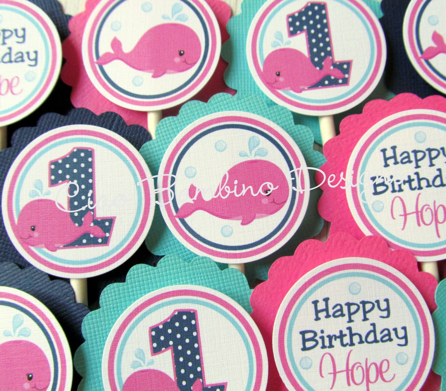Whale of a Party Cupcake Toppers for Girls - Hot Pink, Navy Blue and Turquoise
