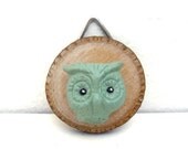 Handmade Chalkware Owl Head - Wall Hanging on Wood Slice - Faux Taxidermy - Pale Green Wall Decor
