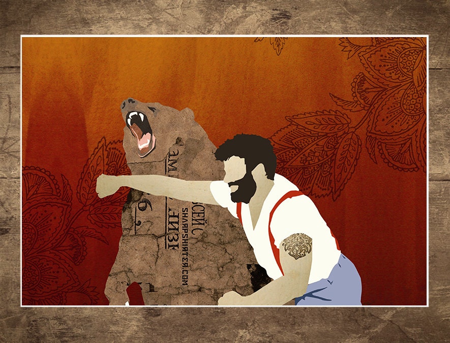 Bear, Grizzly bear, Man Punchin Bear, Print,  Russian, Man Punching Bear, 18 x 24", Matte Print