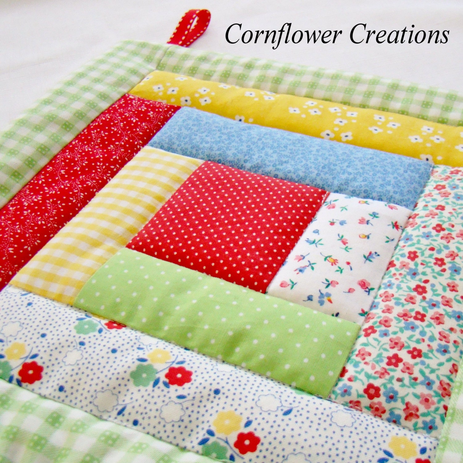 Bright Colors and Happy Cherries - Log Cabin Quilted Pot Holder