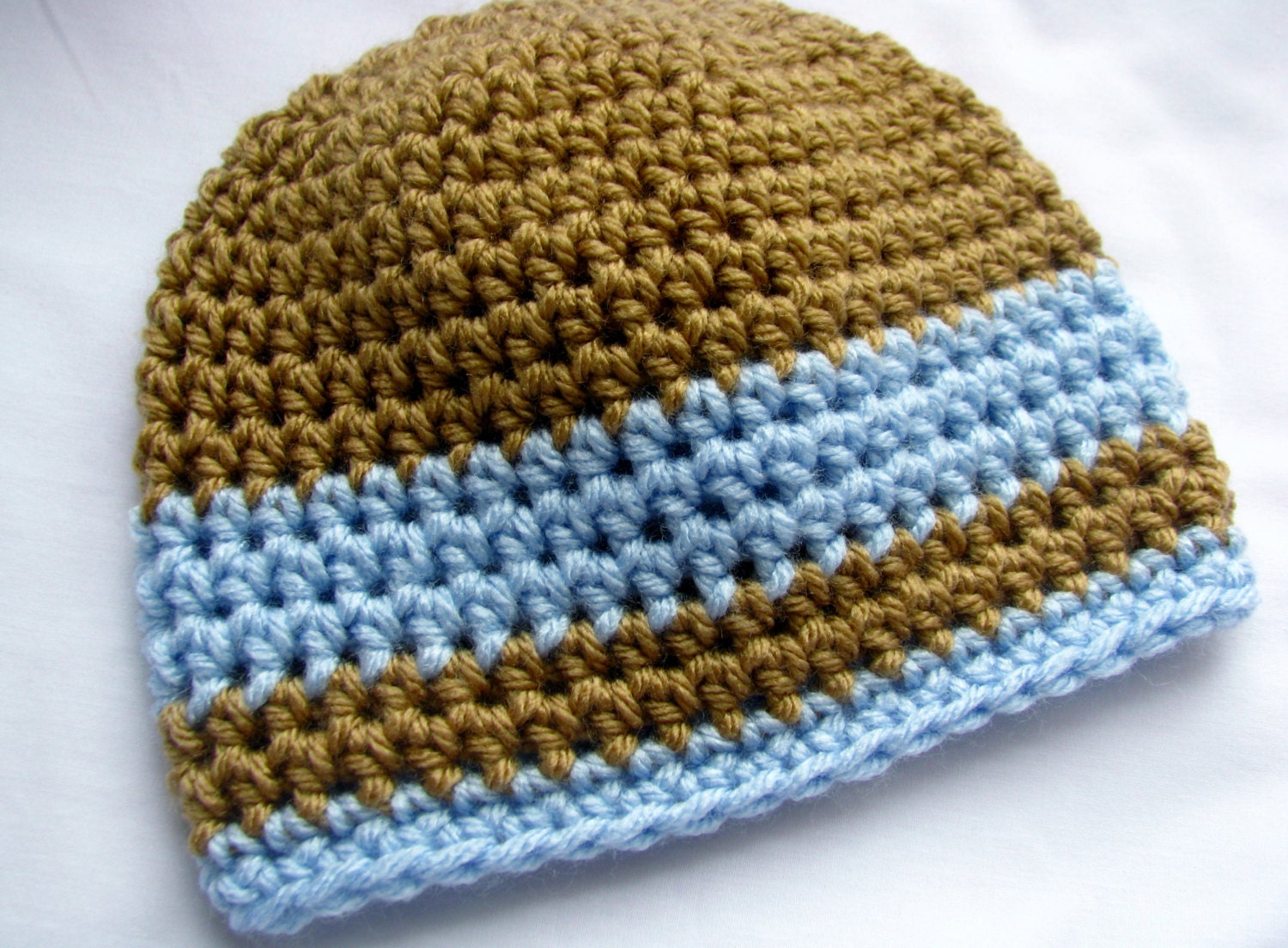 Tan and Blue Striped Beanie, PICK your SIZE