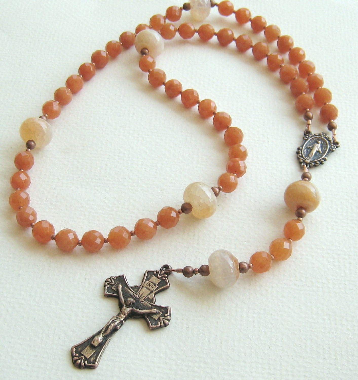 Antiqued Copper Crucifix Medal Rosary with Red Orange Agate - Christian Catholic Prayer Beads