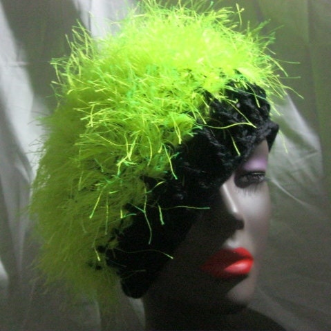 Handmade Crochet Slouchy Hat-Black with Neon Yellow Fun Fur
