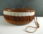 Large Hanging Planter, Teak Wood, Leather Fringe and Lace : Boho Chic Decor