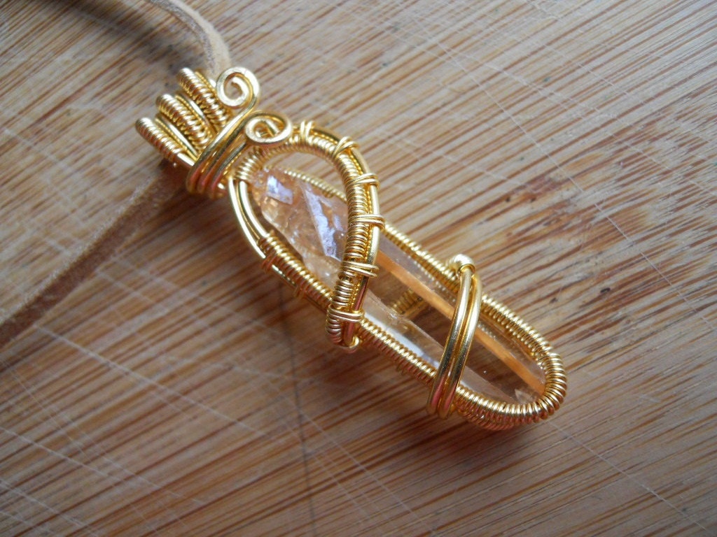 Tangerine Aura Quartz Pendant Wire Wrapped in Gold Parawire