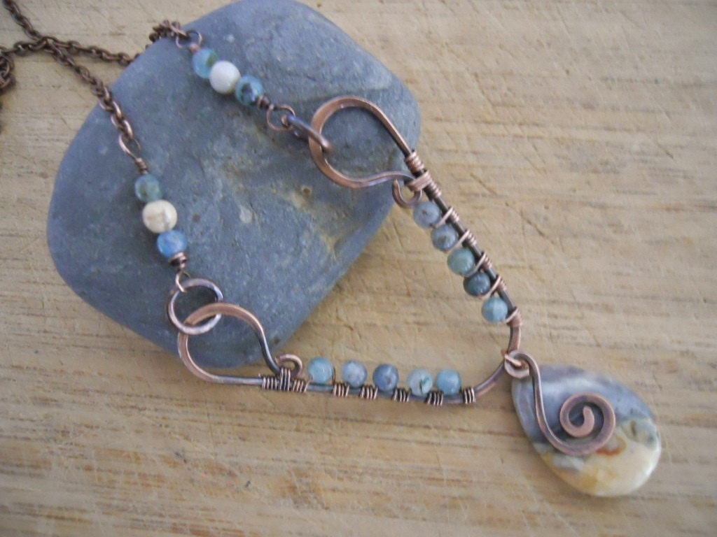 Necklace Handcrafted Kyanite Crazy Lace Agate Opera Length 27 inch Wire Wrapped in Oxidized Copper wire
