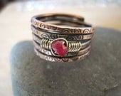 Ruby Ring  Wire Wrapped in Sterling Silver on Stamped Oxidized Copper An Urban Industrial Size 7.25