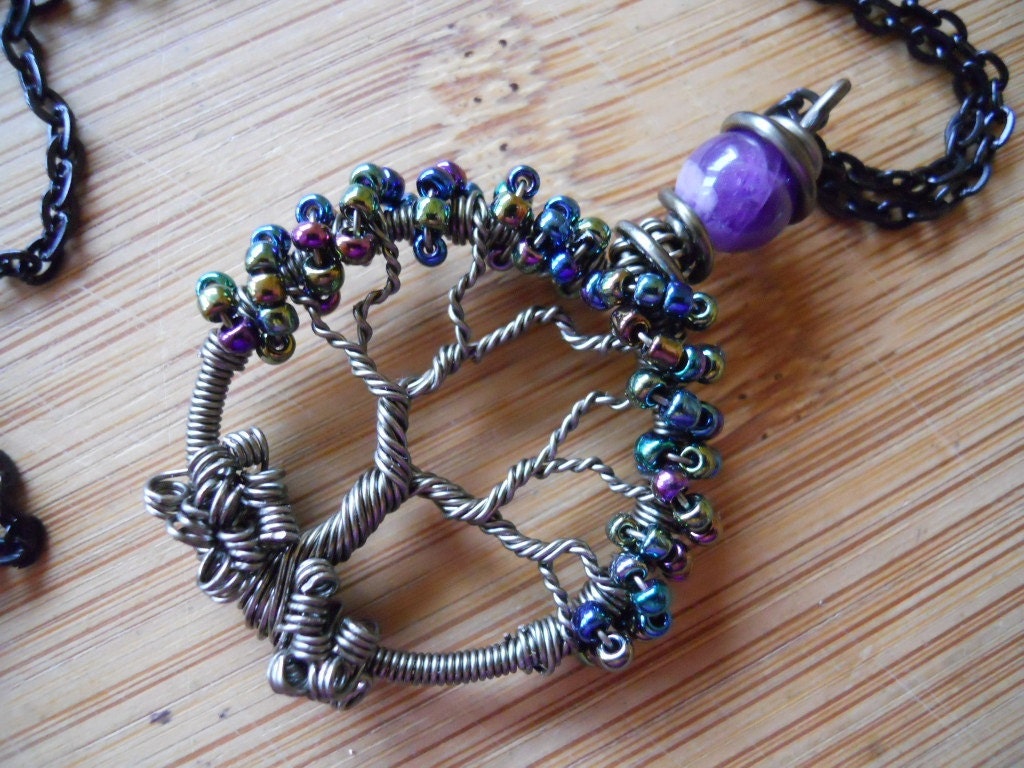 Tree of Life Pendant One Purple Amethyst Bead Metallic Seed Beads Wire Wrapped in Gunmetal Parawire