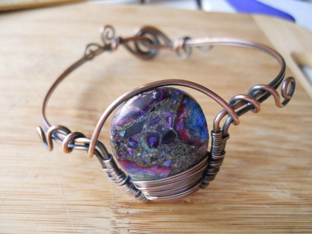 Oxidized Copper Bangle Wire Wrapped Bangle Bracelet with a Purple Blue Pink Pyrite Grass Large Pendant Bead