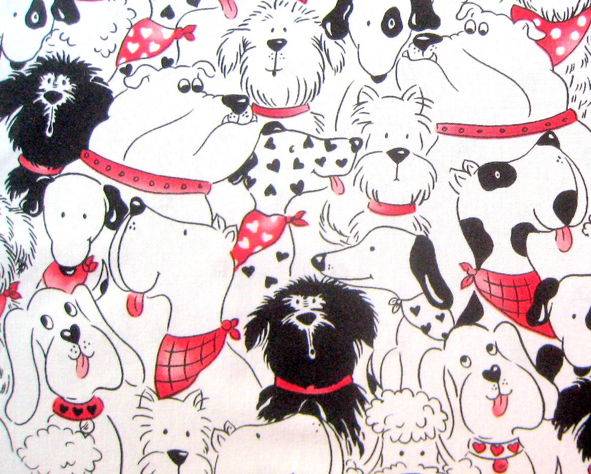 Doggone Party Cotton Fabric 1/2 yard units - Sewing Quilting - Destash Dog Red Black White Spots Hearts Timeless Treasures