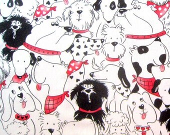 Doggone Party Cotton Fabric 1/2 yard units - Sewing Quilting - Destash Dog Red Black White Spots Hearts Timeless Treasures