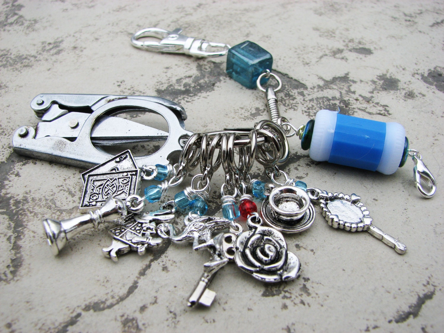 Knitter's Chatelaine: Alice in Wonderland- Stitch Markers, Row Counter & Folding Scissors on a Decorative Clasp