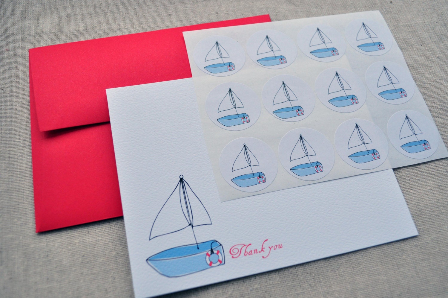 Nautical Theme Sailboat Thank You Cards Set with Stickers