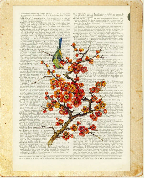 blossoms - 16oo's artwork reproduction printed on page from vintage dictionary
