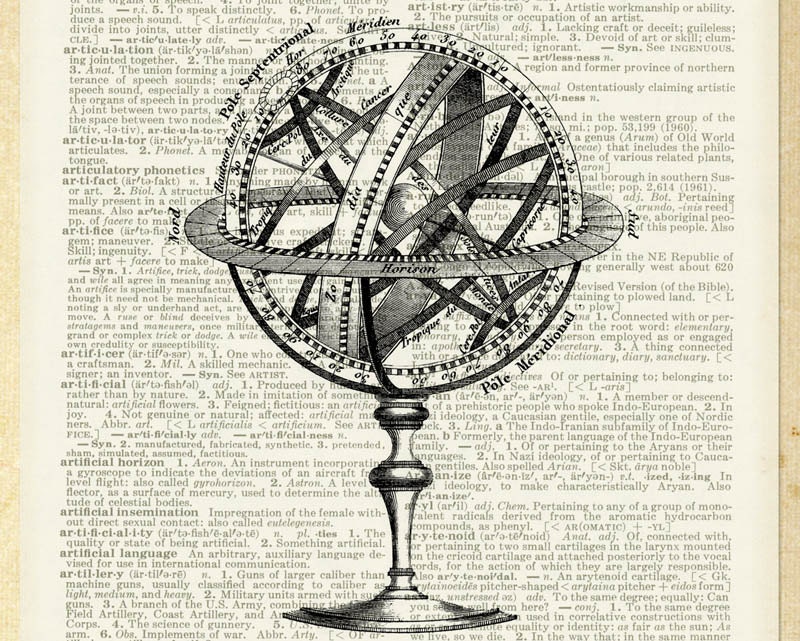 ancient celestial globe - printed on old page from dictionary