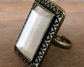 Vintage Rectangle Fleur de Lis and White Stone Adjustable Ring