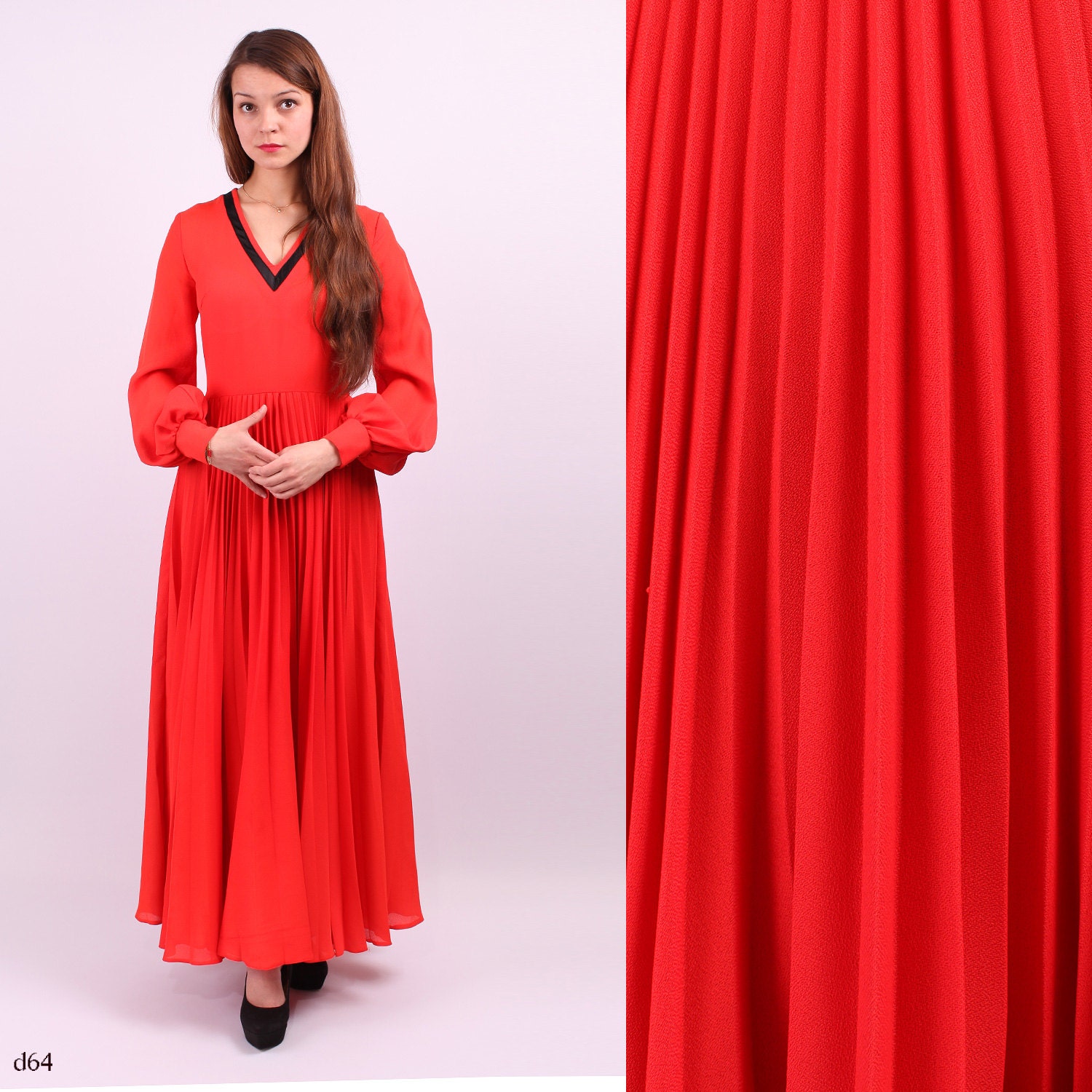 1960s Red Maxi Dress / Dramatic Crepe Dress / sz Medium