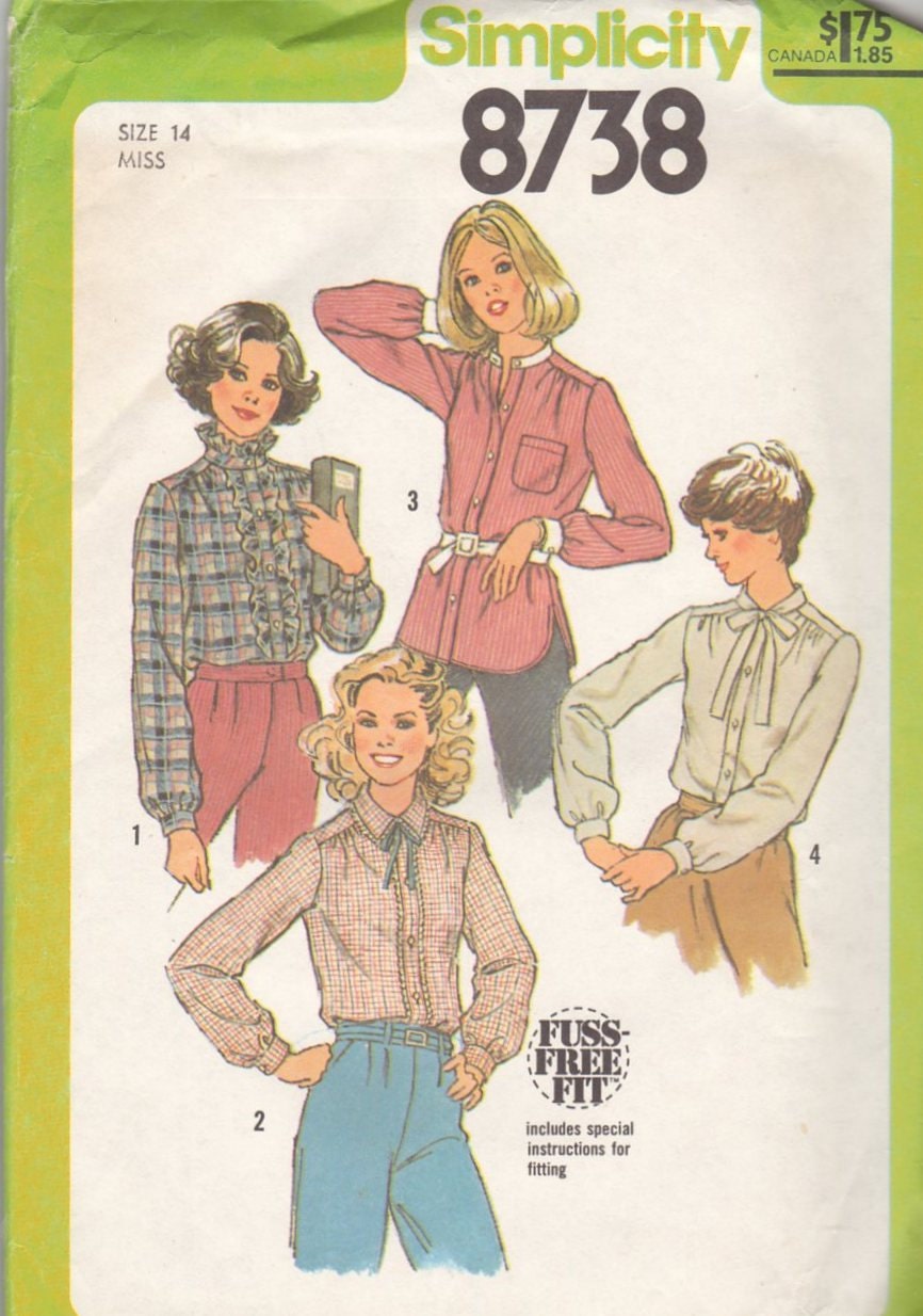 Sewing Pattern Vintage Womans 1978 size 14 Miss Simplicity 8738 Blouse Fuss Free Fit long sleeve ruffles tie collar