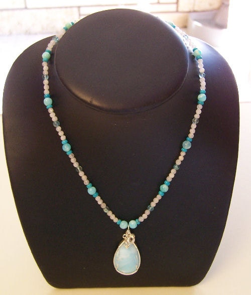 Sterling Hemimorphite Wire Wrap Blue Peruvian Opal Rainbow Moonstone Turquoise Apatite Beaded Necklace