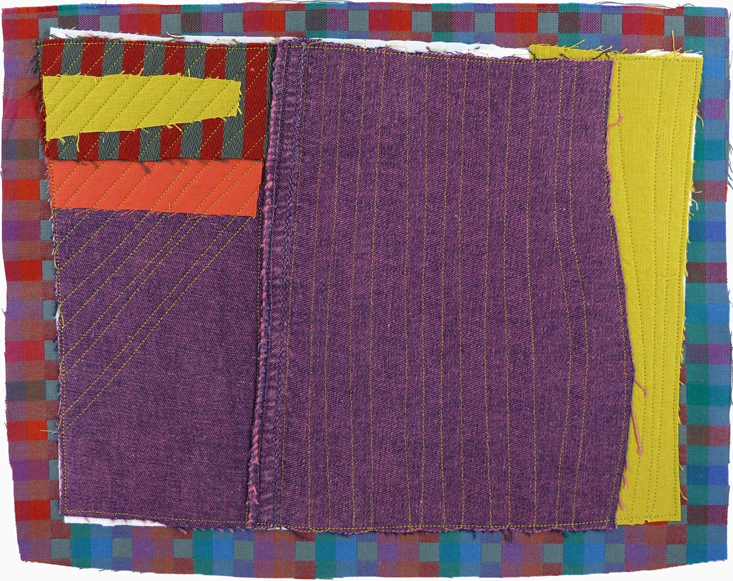 5.7.2013, quilted drawing, small art quilt, abstract, haiku, purple, citron, orange, red, gray, teal