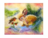 Print reproduction of my original needle felted wool painting -bunny and bird friendship-