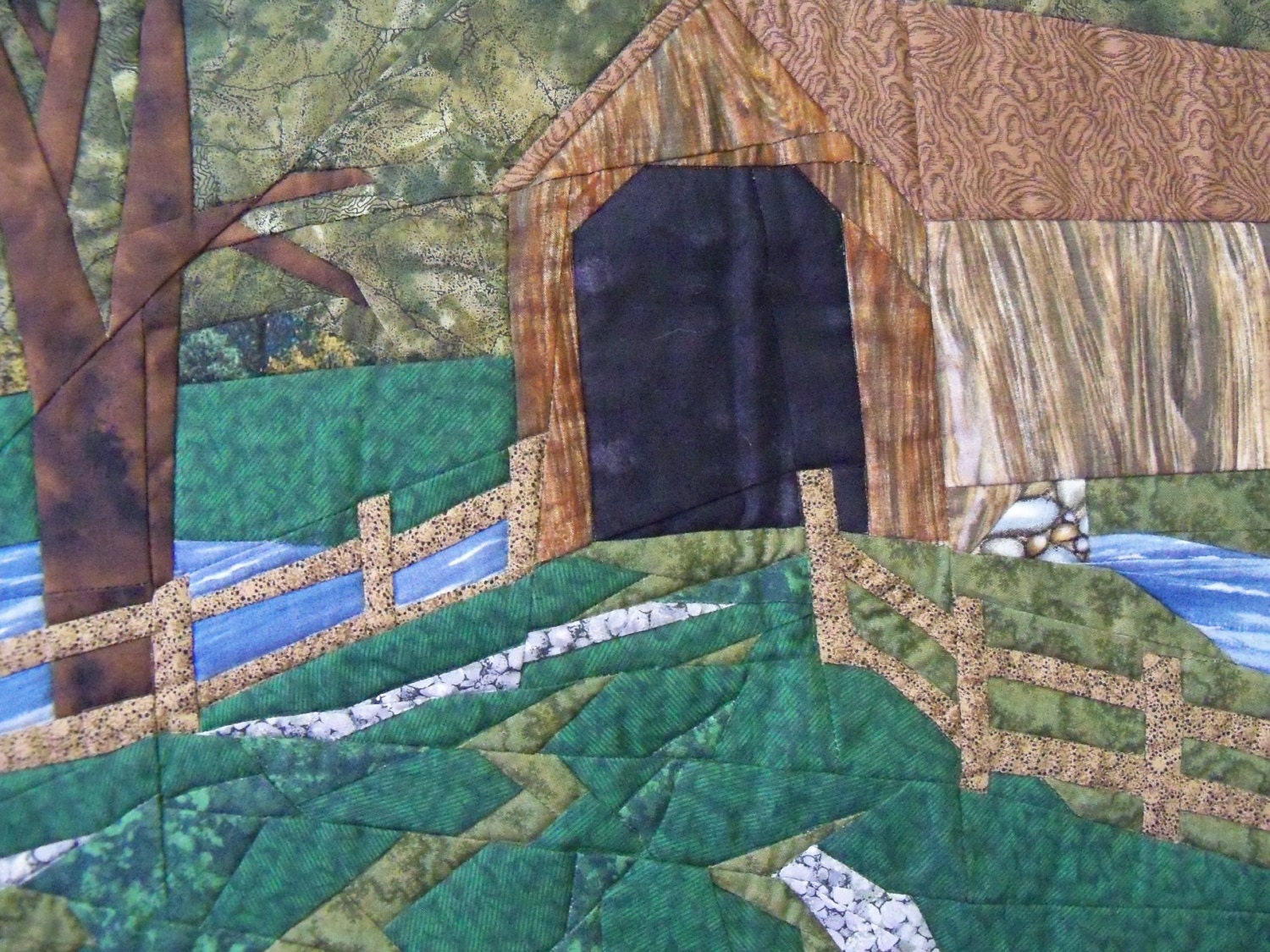 quilted landscape summer scene and covered bridge