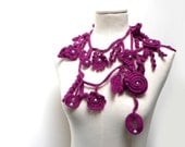Crochet Lariat Necklace - Freeform Scarflette - Purple Flowers and Leaves with Light Blue Glass Pearls - ZOE