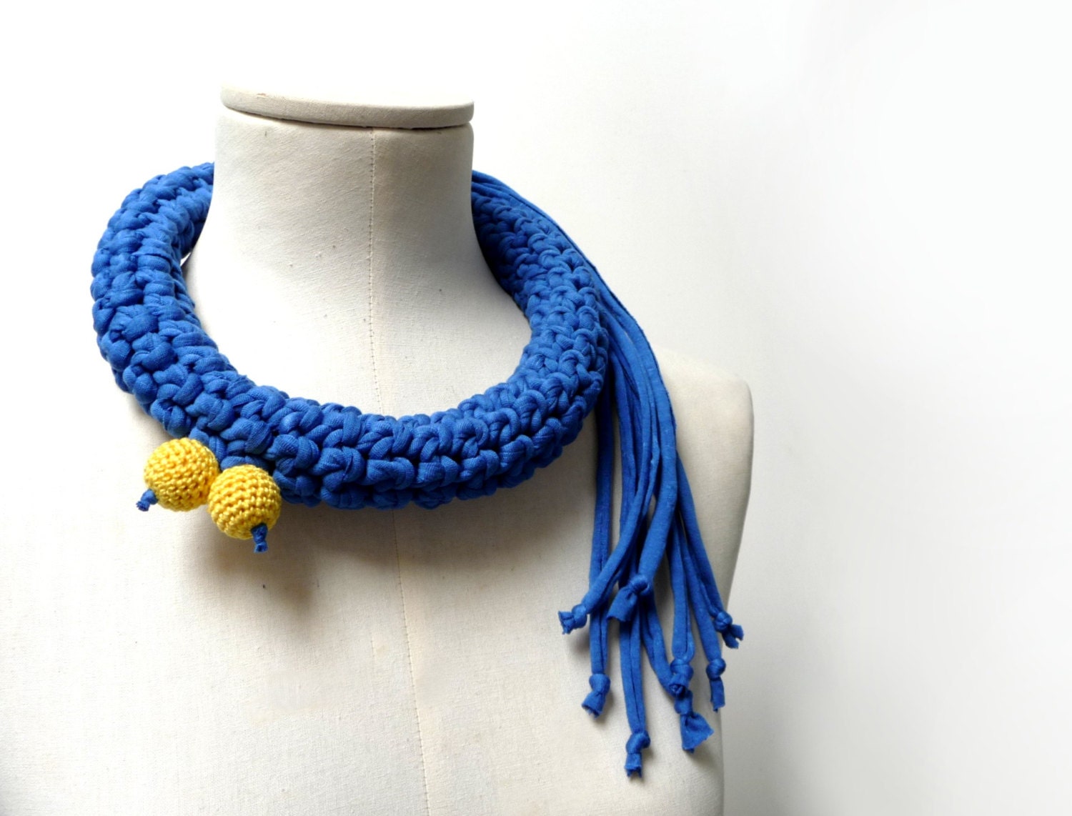 Crochet Statement Necklace - Electric Blue Upcycled Jersey Yarn - Jersey Scarf Cowl - Crochet Jewelry - Textile Necklace - ixela