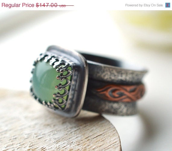 ON SALE Cocktail Ring,Textured, Wide Band, Oxidized Sterling Silver, Mixed Metal, Green Stone,  Gemstone, Romantic, Metalsmith