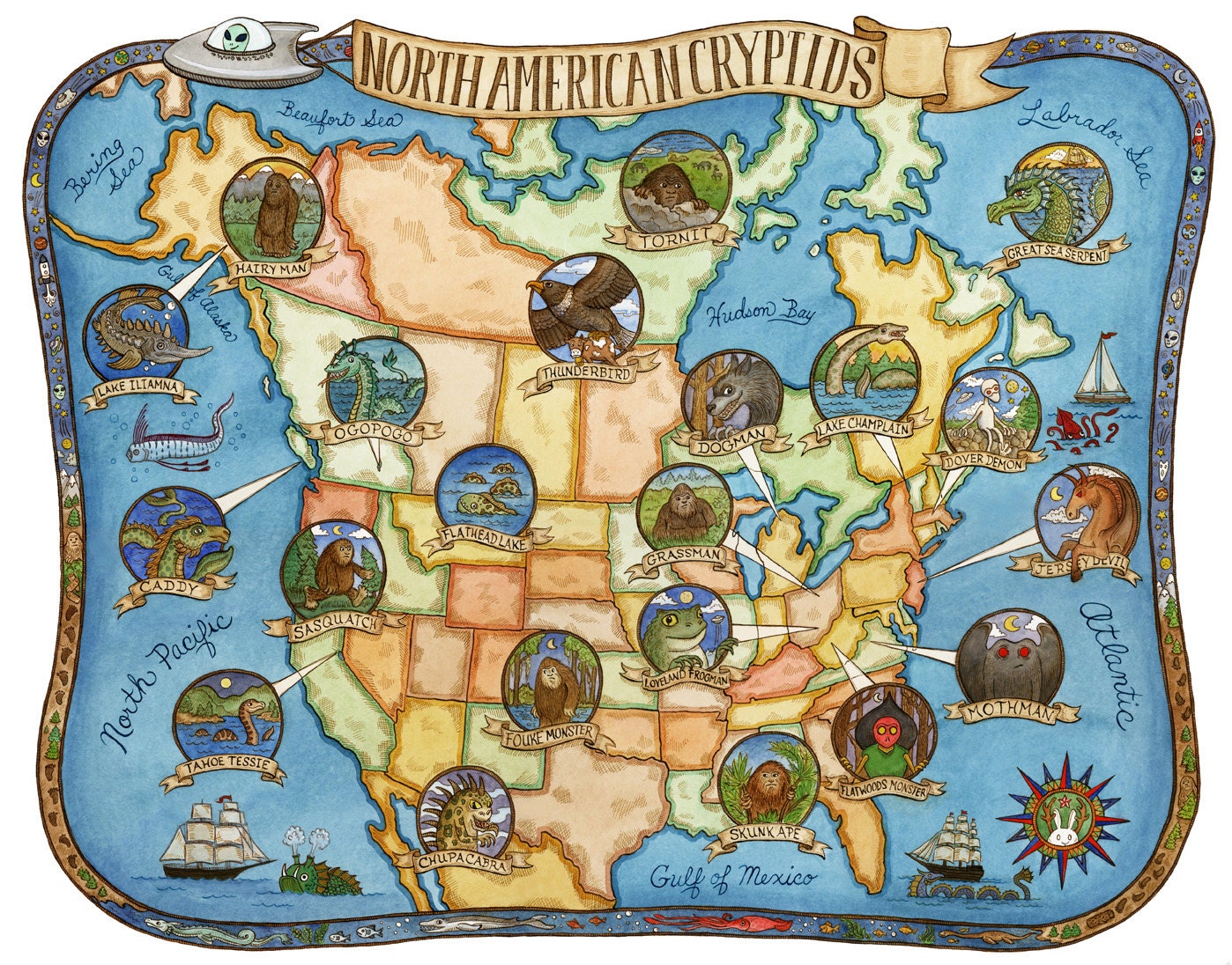 Cryptids of North America Map Art Print 11" x14"