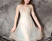 1960s Full Slip Nude Seafoam Green Pale Mint Vanity Fair Sheer Chiffon Nylon Lace