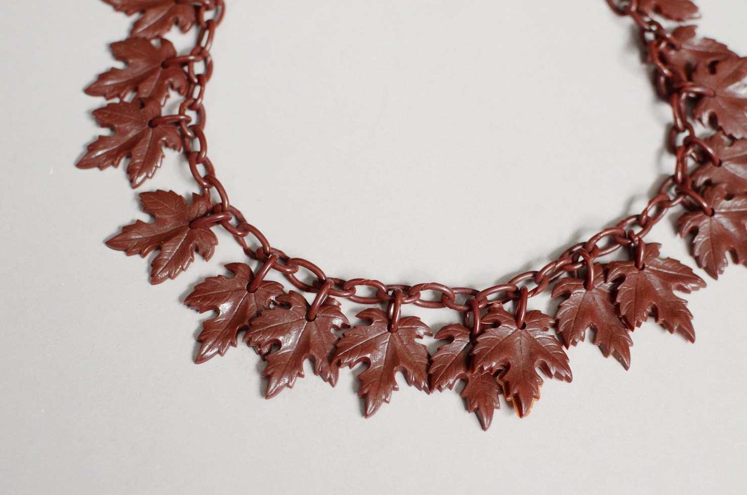 1930s Celluloid Necklace Leaf Chocolate Brown