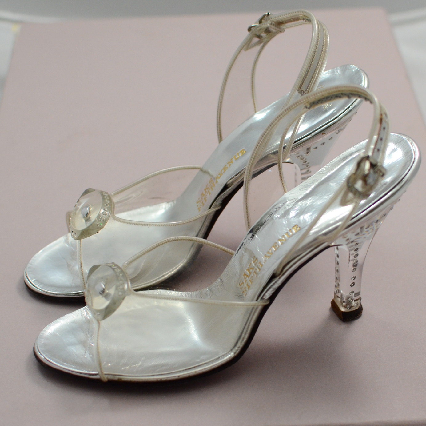 1950s Lucite Heels Rhinestones Silver Clear Transparent