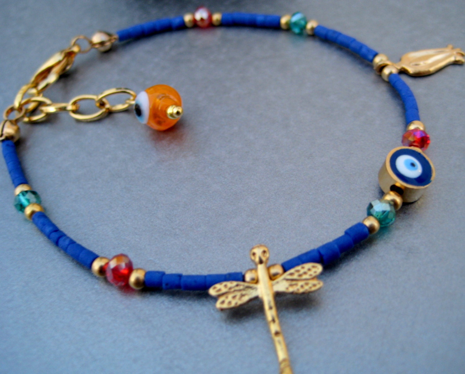 Adjustable  Royal Blue/Gold Story lucky Charm Lotus/Tulip Bracelet  Beaded-Bracelet- Blue stone Turkish Evil Eye dragonfly charm Bracelet