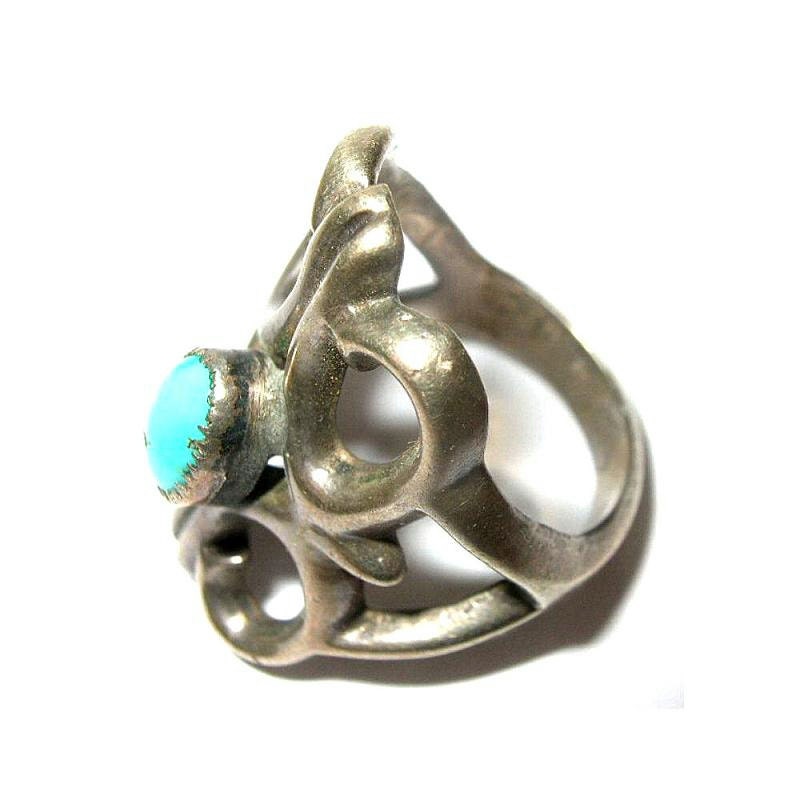 Vintage Sand Cast Navajo Ring Sterling Turquoise ca 1970s TREASURY ITEM