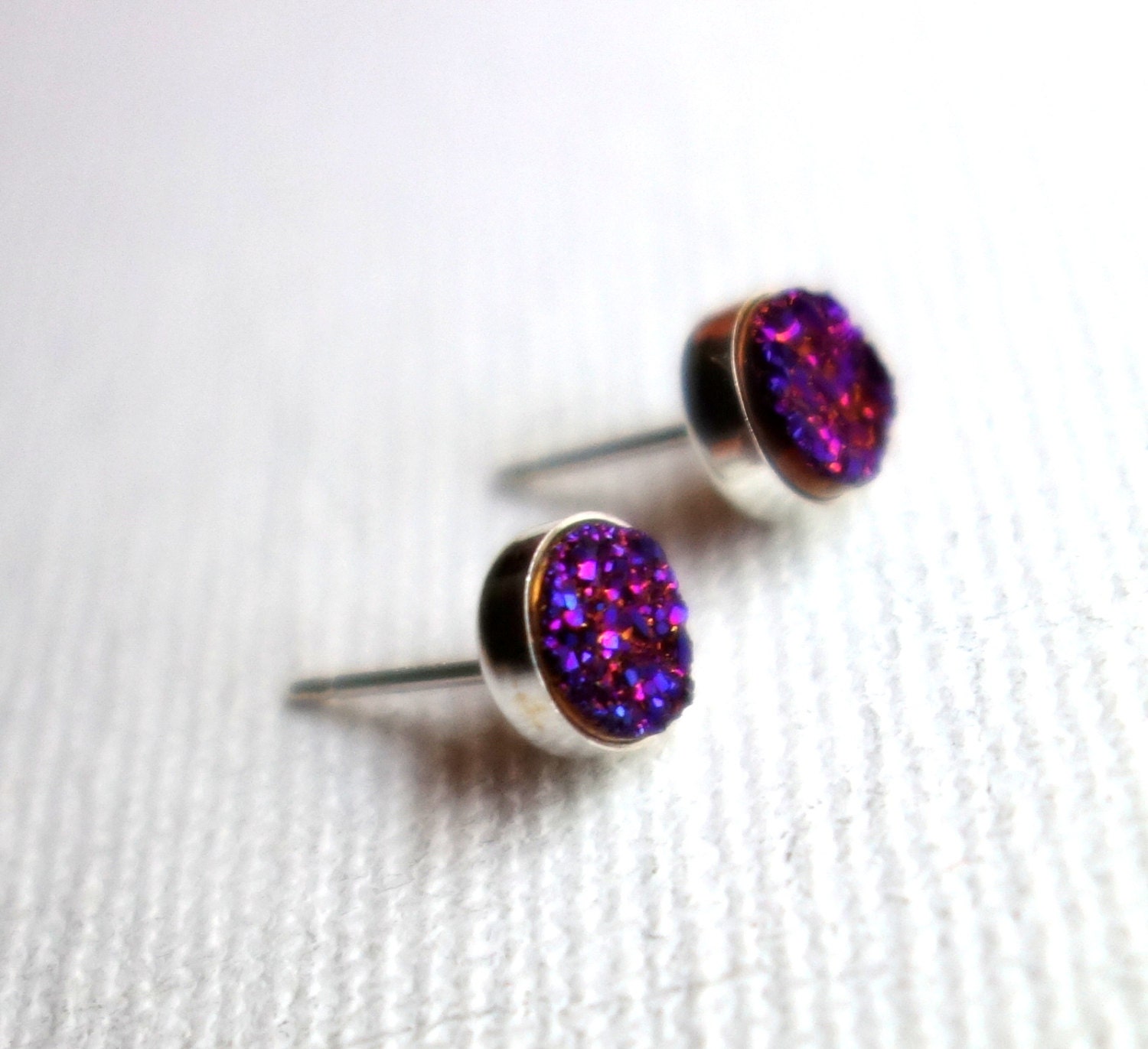 Tiny Purple Drusy Studs in Sterling Silver Settings