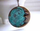 Antique Brass Moon and Stars Patina Green Verdigris Circular Pendant necklace Free USA Shipping
