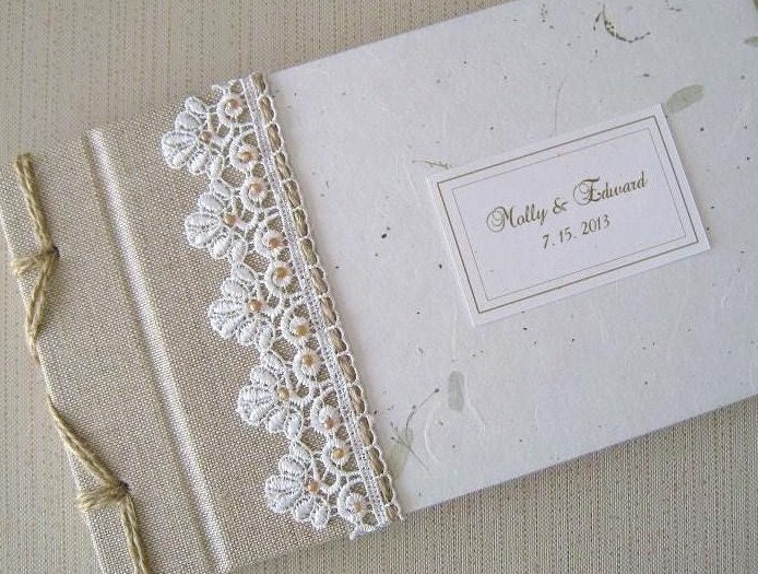 Rustic Wedding Guest Book or Photo Album Natural LInen, Wildflower White Beaded Lace, Shabby Chic, Cottage Wedding, Personalized