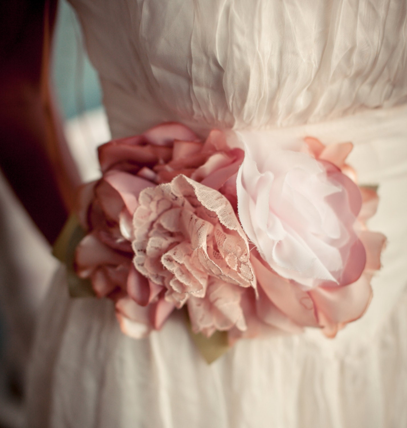 Tea Stained Fabric Flower Wedding Dress Sash, Bridal Sash, Woodland Wedding, Vintage Wedding