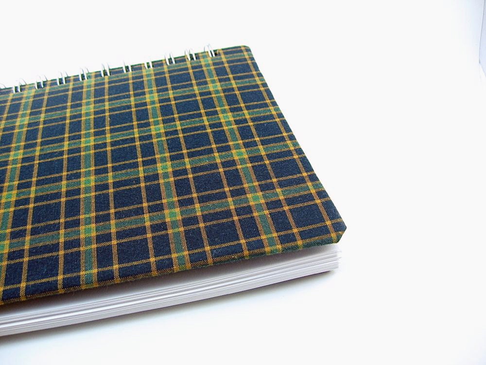 6 x 9 Men's Blank Journal Sketchbook - blue yellow nature plaid fabric covered - wire bound