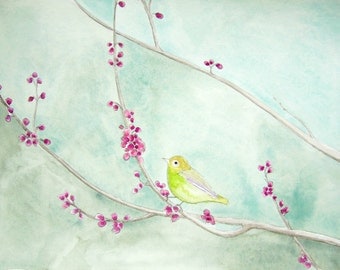 Spring Song - Bird watercolor Fine Art Giclee Print - pale blue teal aqua - yellow green bird - bird wall art - pink spring flowers - 8x10
