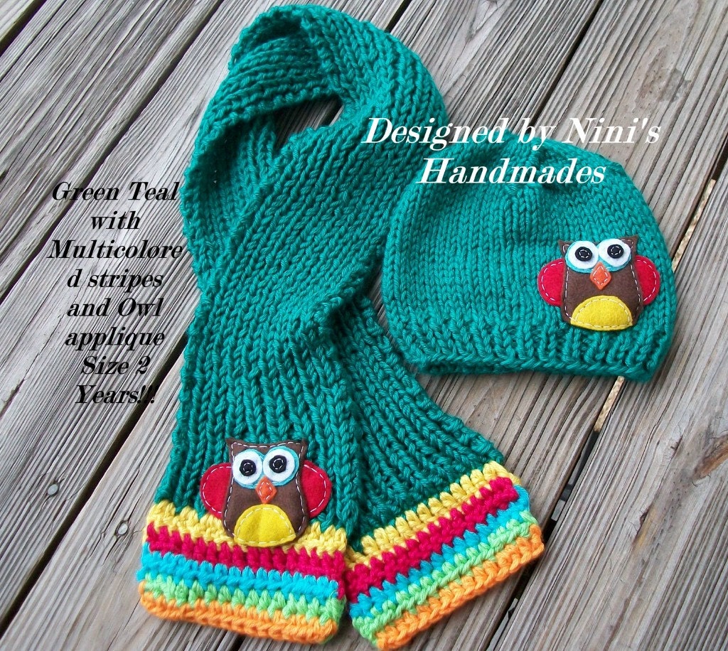 OOAK CHUNKY Green Teal OWL Hat and Scarf Set- Size 2 years- Gender Neutral-  is Ready To Ship