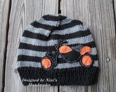 MOTORCYCLE Beanie-Black and Grey Beanie with black, orange, charcoal grey motorcycle, childrens hat, kids hats, boys hat, bike hat