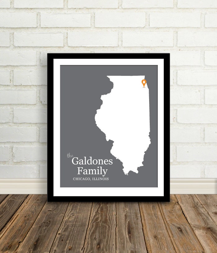 Housewarming Gift  : Personalized Location and State Map Custom Modern Art Print - 8x10 / Chicago, Illinois - Any State or Country Available