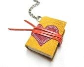 Blank Yellow Leather Book Necklace/Jewelery/Mini Diary with Red Heart